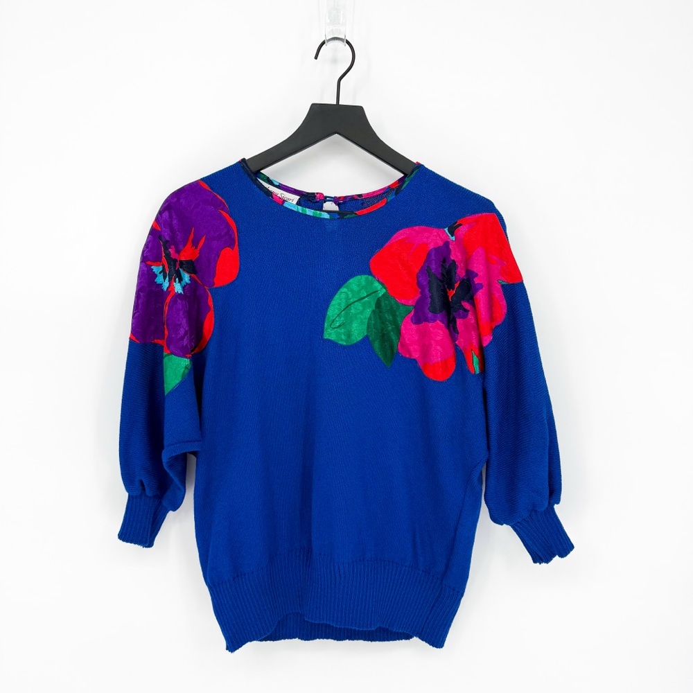 Vintage Anthony Sicari Cobalt Blue Knit Sweater Top Satin Flowers Size 8